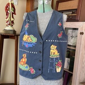 Vintage 90s Blue Cat Print Vest Cotton Button Front Boxy Fit Indie Cottagecore